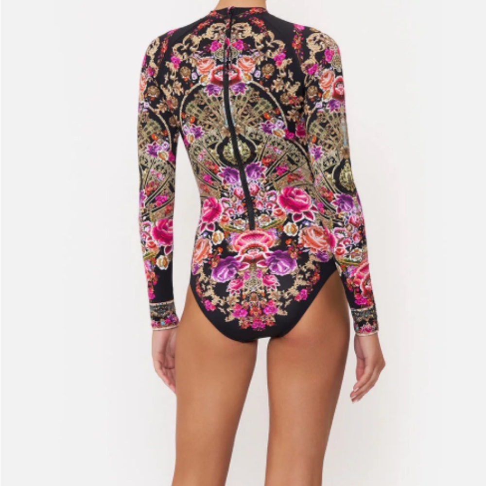 Camilla Long Sleeve Floral Print One-Piece Swimsuit in Black and Pink Size M - Picture 3 of 16